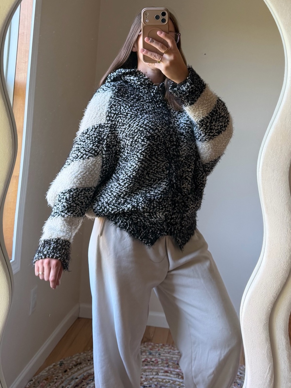 POL Black and Cream Striped Teddy Hoodie Jacket